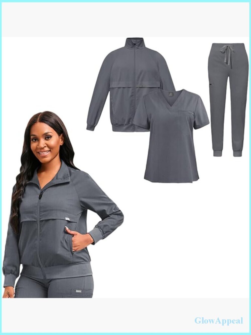 Scrub Set 3-Piece V-Neck Top Jogger Pant Jacket Moisture Wicking Stretch